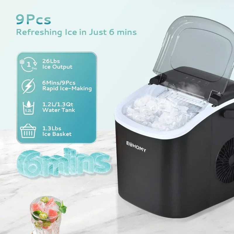 Countertop Ice Maker, 26lbs/Day, 9 Cubes in 6 Mins, Portable